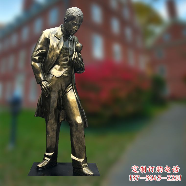 贵州爱迪生与灯泡-玻璃钢仿铜校园名人全身雕塑