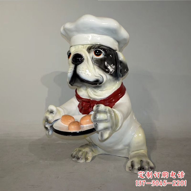贵州厨师造型斗牛犬,玻璃钢仿陶瓷狗雕塑