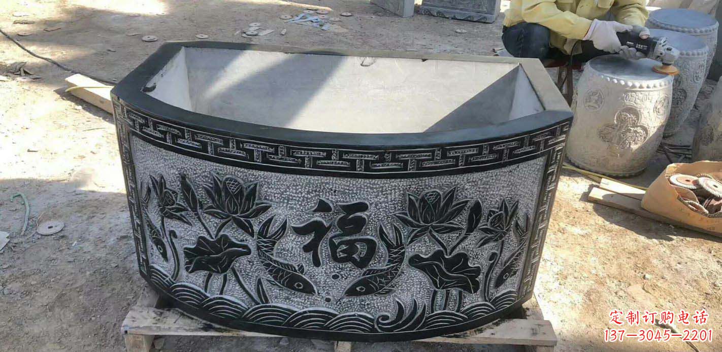贵州精致方口石浮雕水缸雕塑