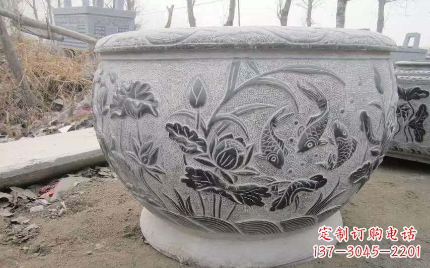 贵州仿古雕刻鲤鱼石浮雕水缸