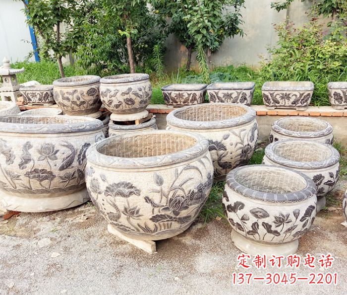 贵州仿古石雕鲤鱼浮雕水缸