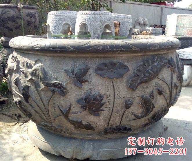 贵州精美仿古荷花鲤鱼浮雕石水缸