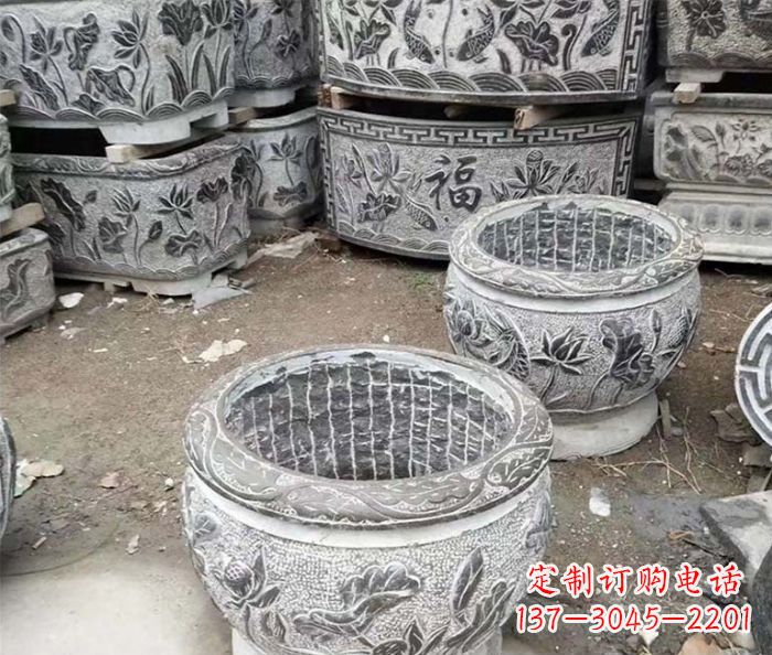 贵州仿古荷花石浮雕水缸