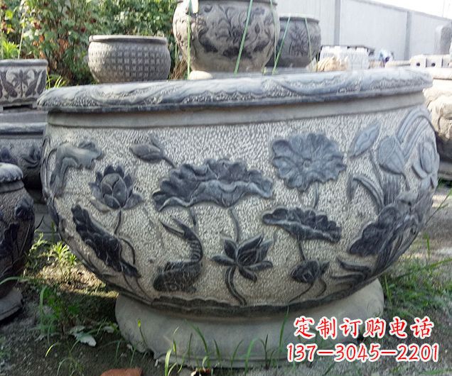 贵州仿古荷花石浮雕水缸 (2)
