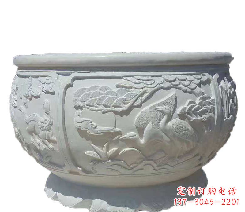 贵州仿古鱼缸石雕花盆摆件
