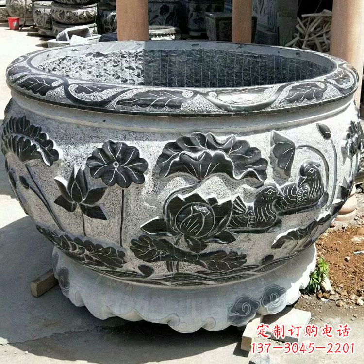 贵州极致精细仿古圆形鱼缸石雕