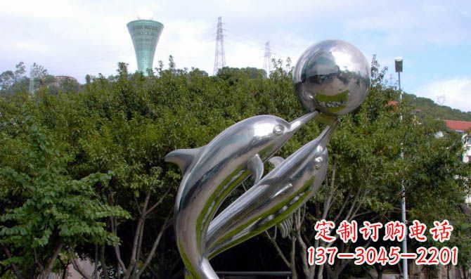 贵州高贵静谧的不锈钢海豚顶球雕塑
