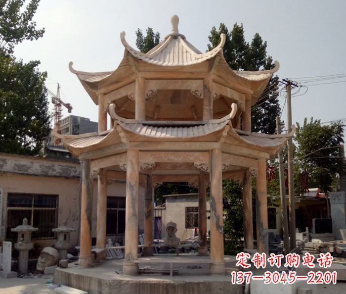贵州公园景观晚霞红双层石雕凉亭