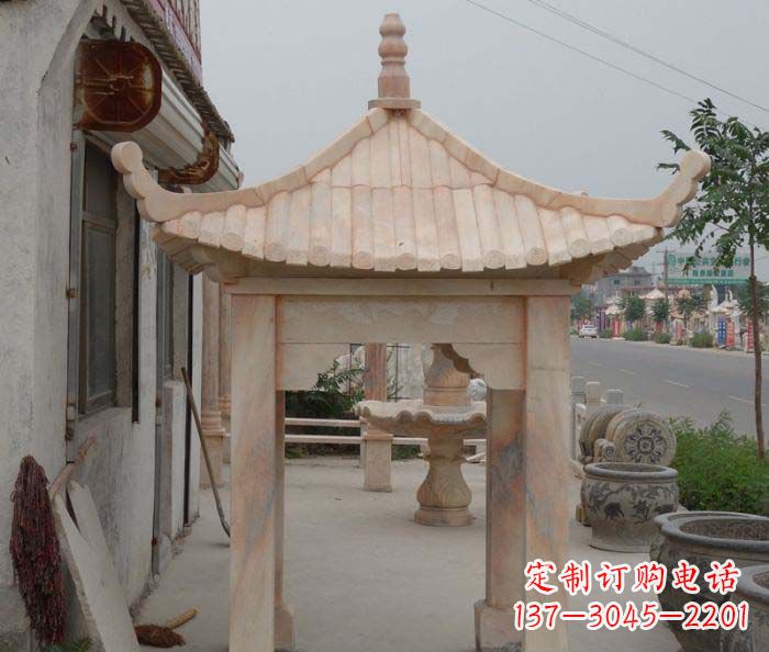 贵州精美红六角石凉亭雕塑
