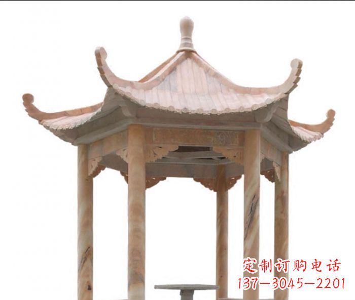贵州美丽而优雅的公园晚霞红六角石凉亭雕塑