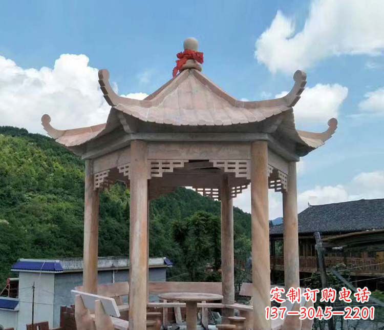 贵州一流的公园晚霞红六角石雕凉亭