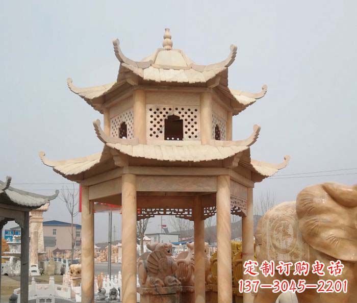 贵州红双层六角石凉亭雕塑