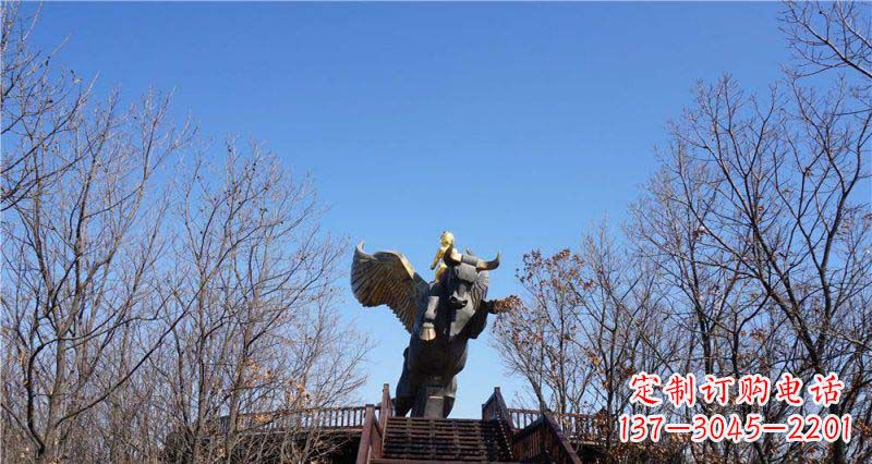 贵州公园站在飞牛上的小男孩景观铜雕
