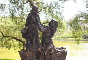 贵州温馨铜雕公园里喂母亲吃荔枝的女孩