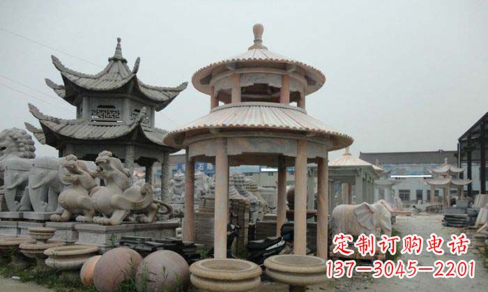 贵州海边景观晚霞红圆顶石雕凉亭