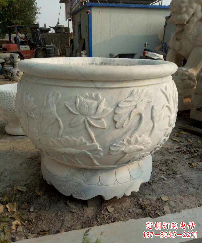 贵州汉白玉荷花石浮雕水缸,营造令人心旷神怡的宁静之美
