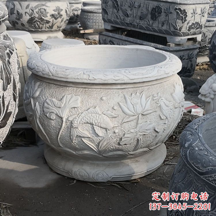 贵州中领雕塑汉白玉石鱼缸雕塑,是一种精美的装…