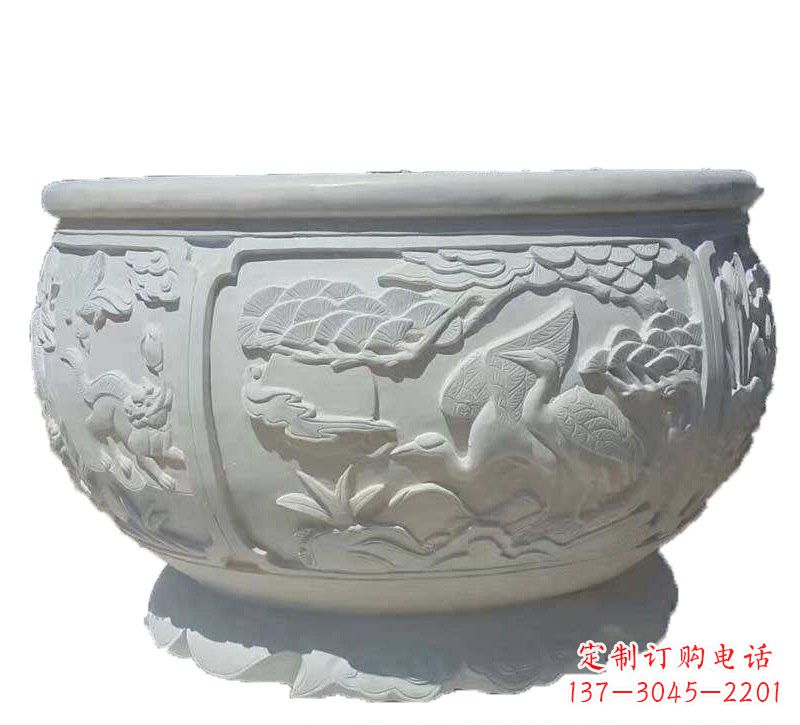 贵州汉白玉松鹤延年浮雕水缸,带给您无尽的岁月美景