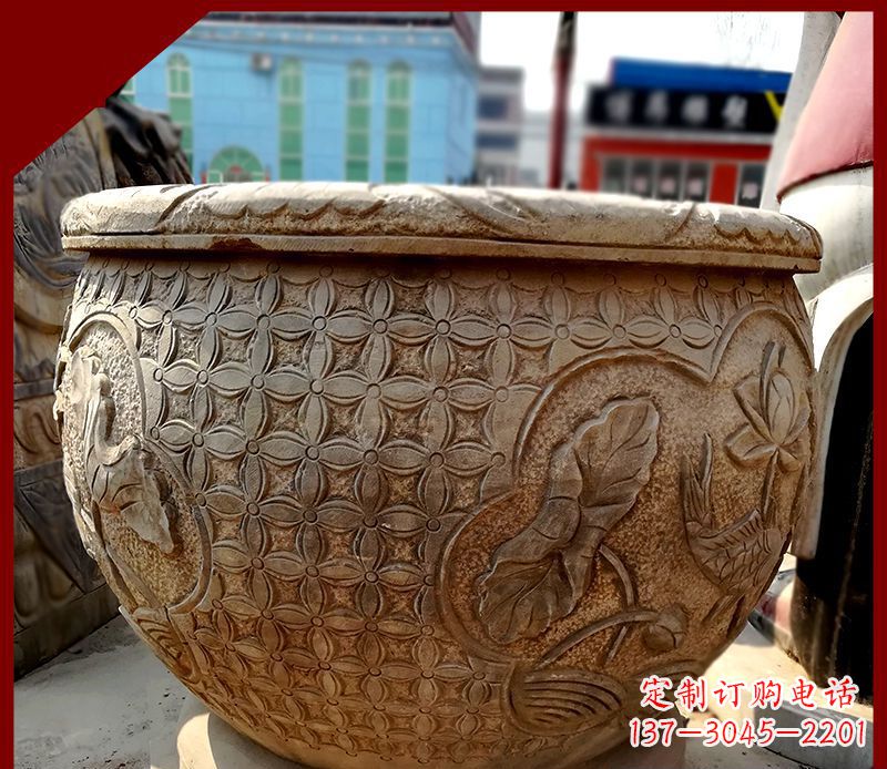 贵州鲤鱼荷花浮雕仿古石水缸