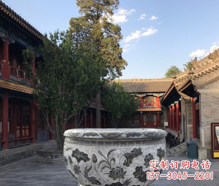 贵州连年有鱼石浮雕圆形荷花水缸