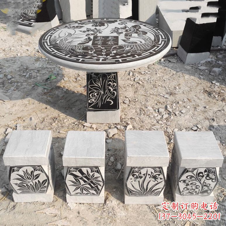 贵州梅兰竹菊仿古方石桌凳雕塑,古朴典雅