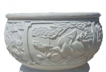 贵州汉白玉松鹤延年浮雕水缸，带给您无尽的岁月美景
