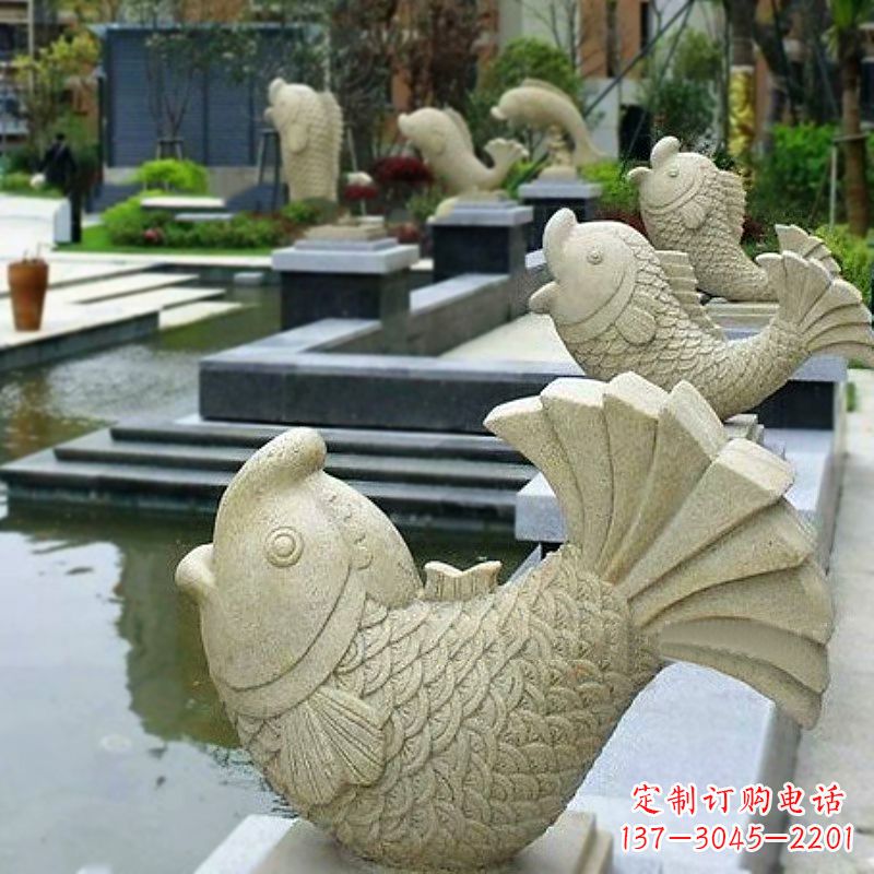 贵州喷水鱼砂岩石雕-园林水池水塘动物喷泉雕塑