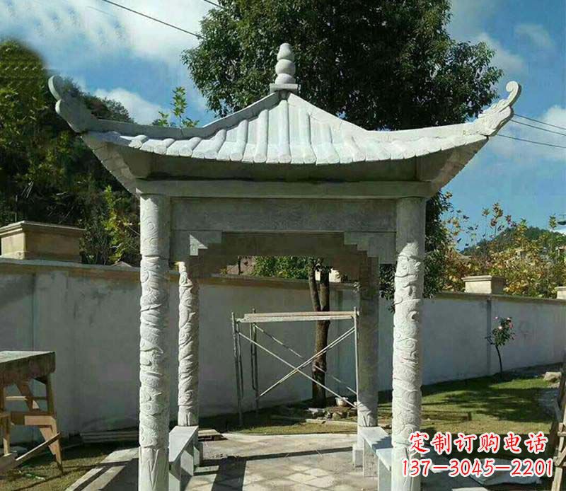 贵州精美绝伦的青石单层四角凉亭雕塑