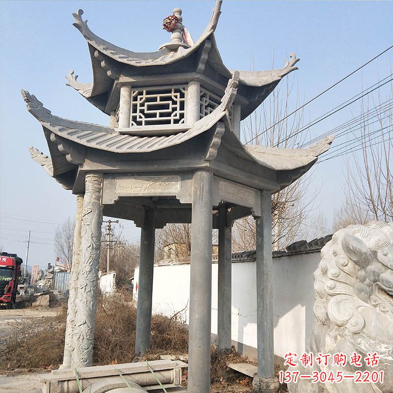 贵州典雅精美的青石六角石凉亭雕塑