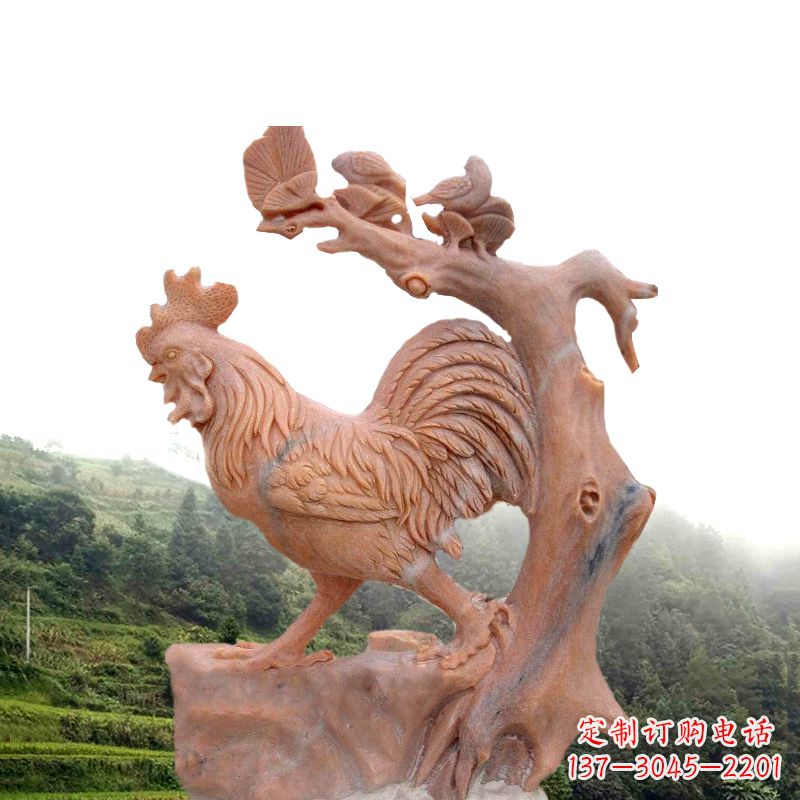 贵州生肖动物酉鸡晚霞红石雕