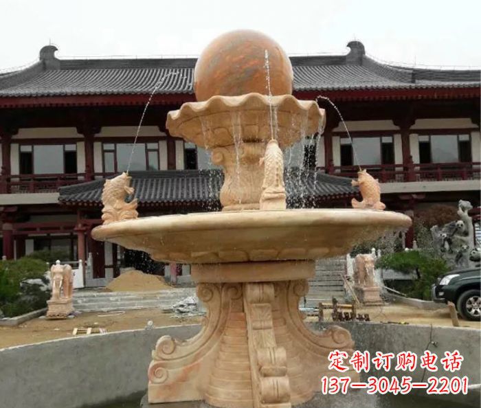 贵州双层风水球喷泉晚霞红石雕