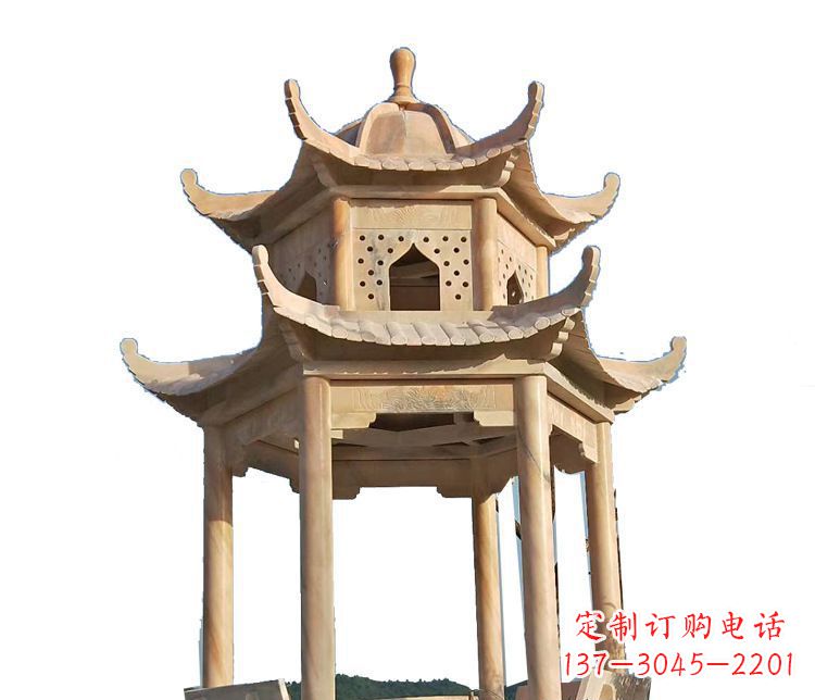 贵州双层晚霞红凉亭石雕 (2)