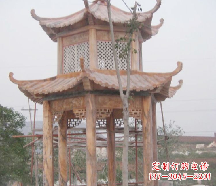 贵州双层晚霞红石凉亭石雕 (2)
