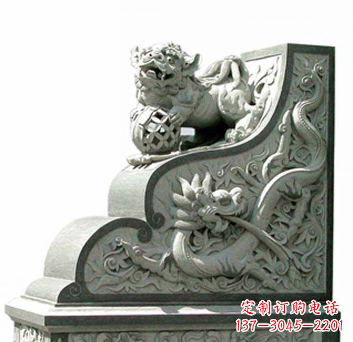 贵州寺庙景观玩绣球狮子石雕门墩