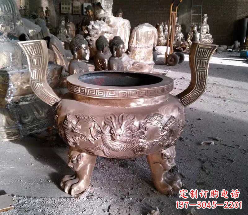 贵州寺庙龙浮雕圆铜雕香炉