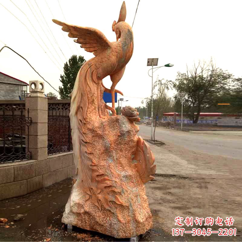 贵州晚霞红大理石瑞鸟凤凰雕塑