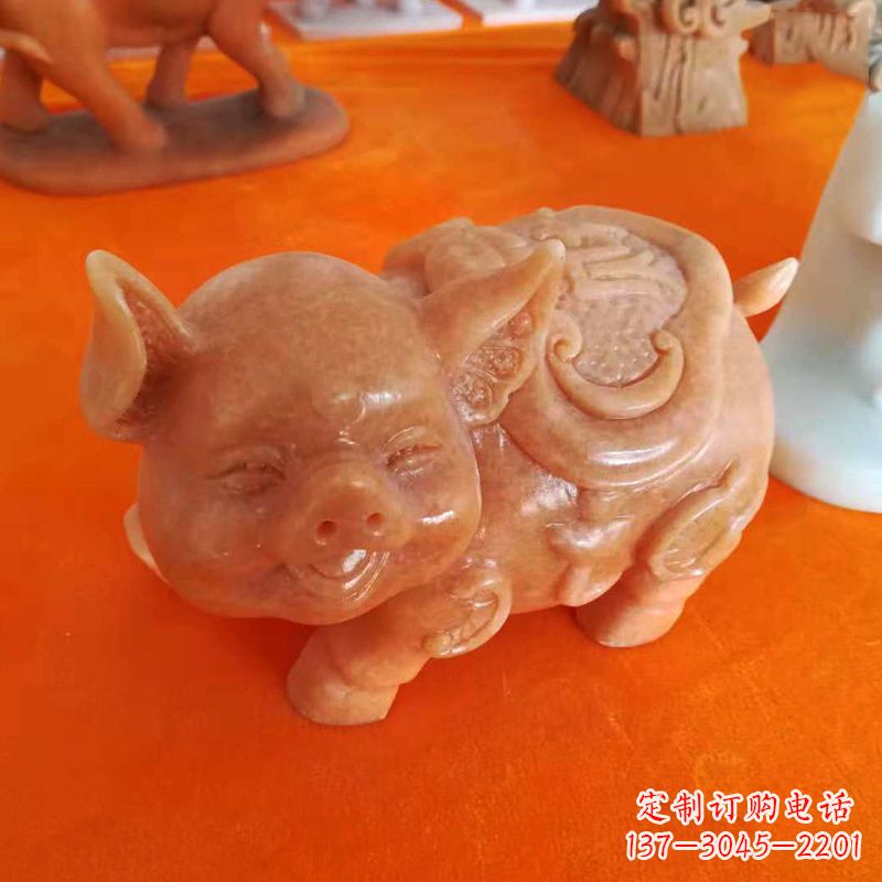 贵州晚霞红大理石招财猪雕塑-企业商场创意生肖动物风水摆件