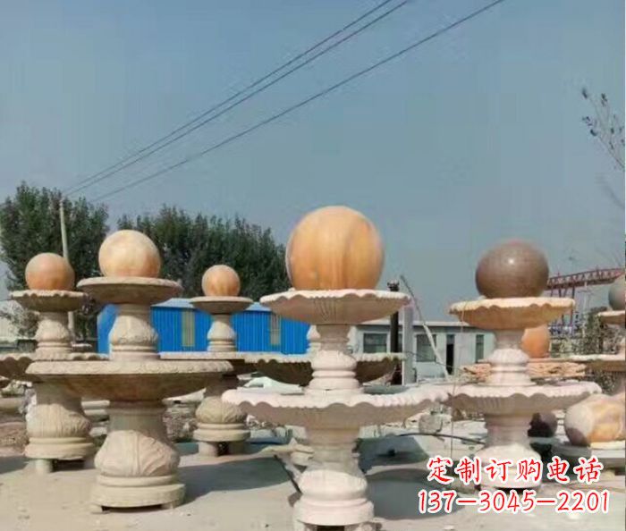 贵州晚霞红多层风水球喷泉石雕