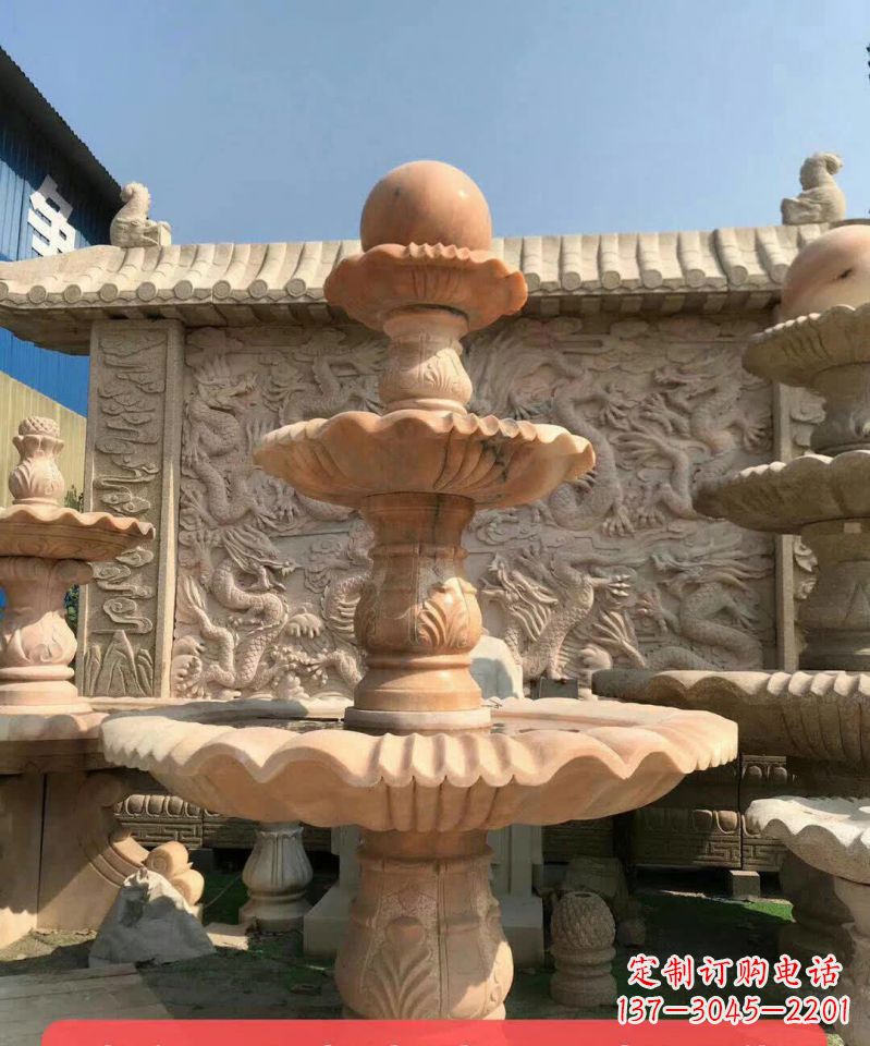 贵州晚霞红风水球石雕喷泉