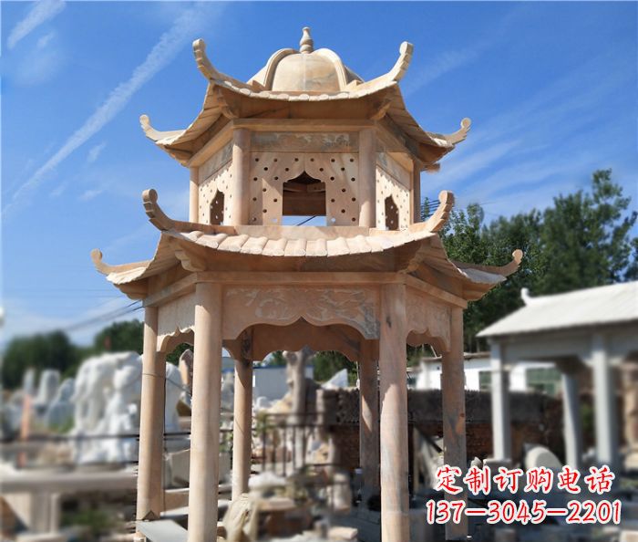 贵州晚霞红公园双层六角凉亭石雕