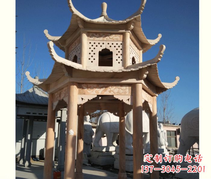 贵州晚霞红公园双层六角凉亭石雕 (2)