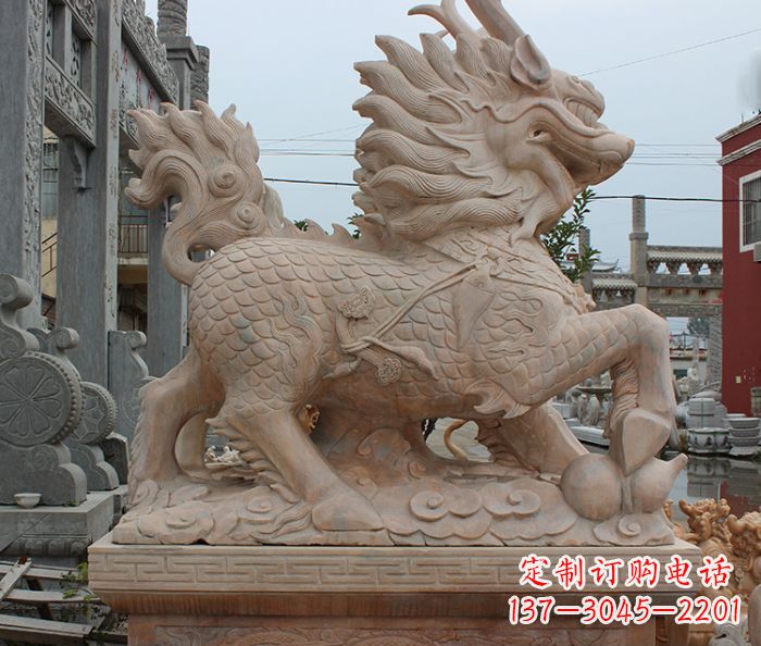 贵州晚霞红古代神兽麒麟石雕