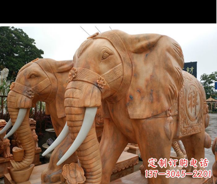 贵州晚霞红吉祥如意门口镇宅招财大象石雕 (3)