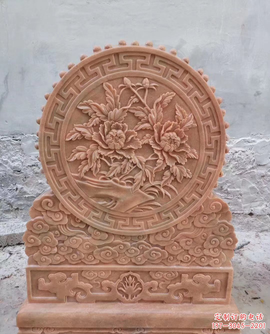 贵州晚霞红牡丹花浮雕石门墩