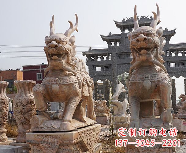 贵州晚霞红瑞兽麒麟石雕 (2)