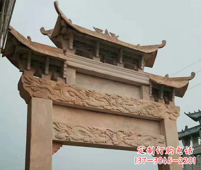 贵州晚霞红石雕单门牌坊