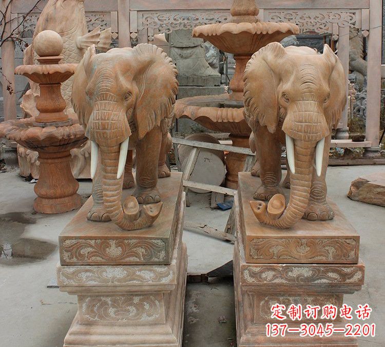 贵州晚霞红石雕元宝大象
