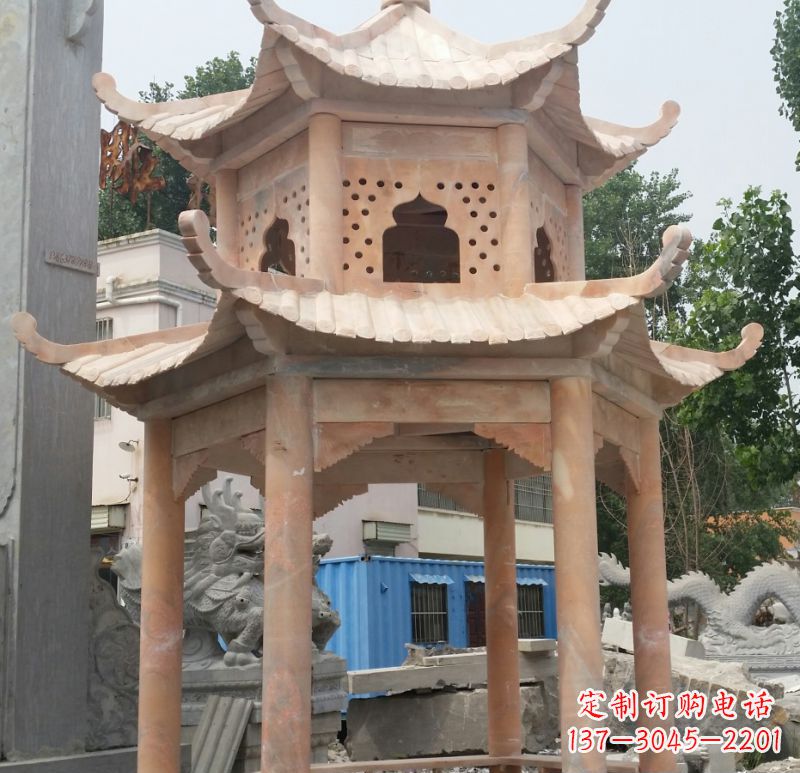 贵州晚霞红双层六角凉亭石雕 (2)