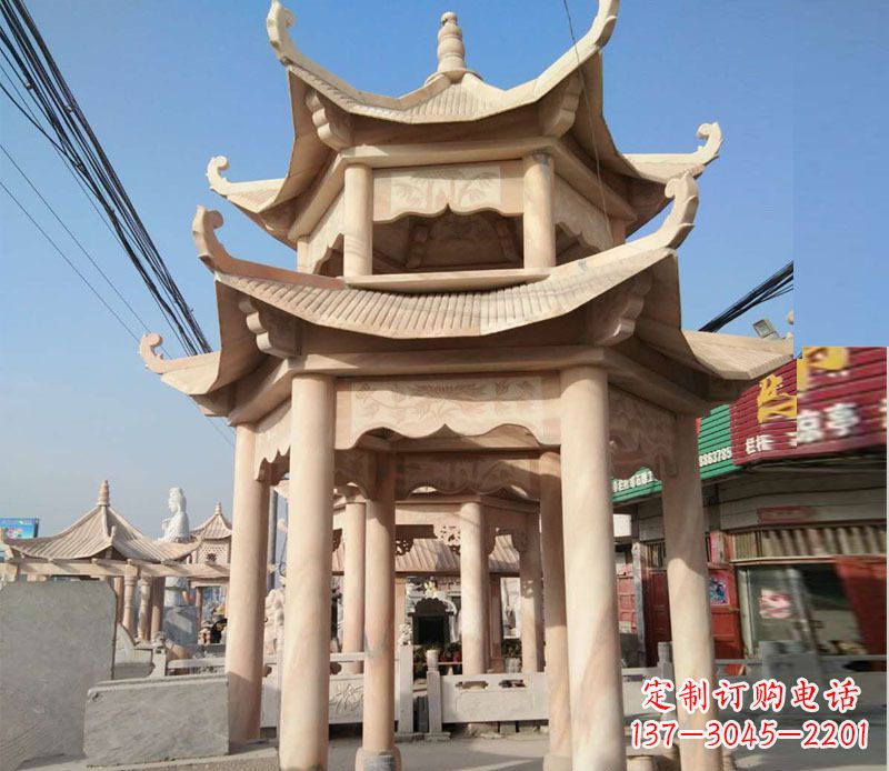 贵州晚霞红双层六角凉亭石雕 (3)