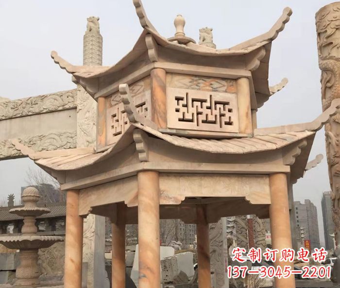 贵州晚霞红双层石雕凉亭